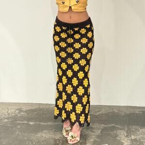 Brown and Yellow Crochet Floral Maxi Skirt L